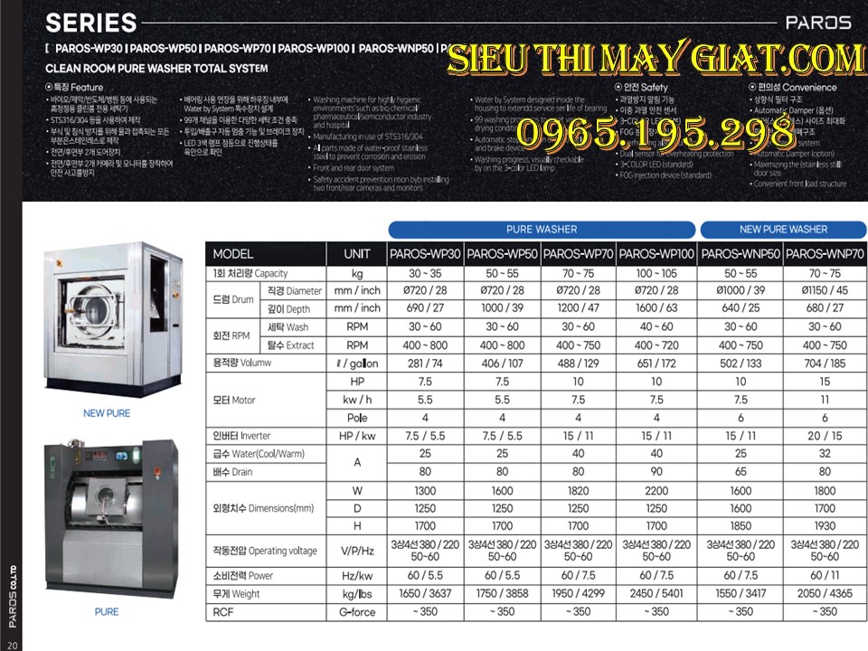 Thông số các model máy giặt 2 cửa phòng sạch Paros